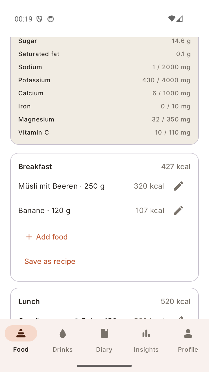 Nutrition dashboard with calories and macros