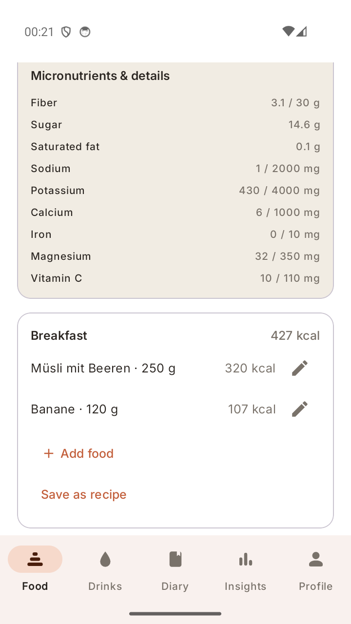 Per-day detail view of micronutrients